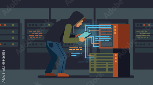 Hacker in Hoodie Stealing Data from Server Room using Tablet