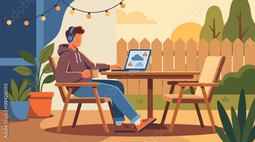 Man Working Remotely on Laptop in Backyard Patio at Sunset