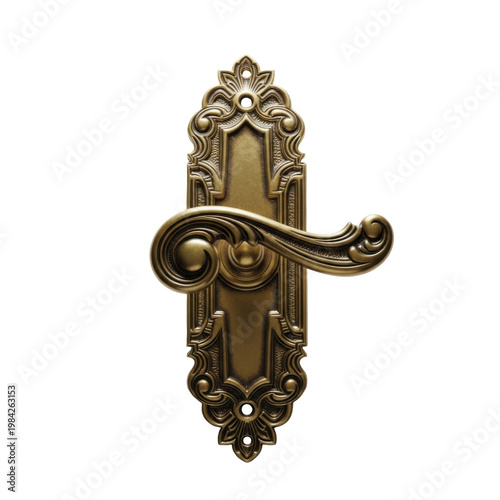 Vintage Ornate Bronze Door Handle Lever with Decorative Backplate Isolated on White Background