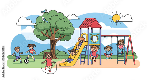 A vibrant illustration depicts children joyfully engaging in various outdoor activities at a sunny playground, including playing soccer, jumping rope, and using a slide and swings.