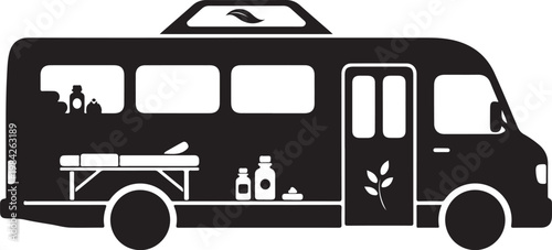 Black food truck, vector food van, kitchen on wheels, mobile eatery