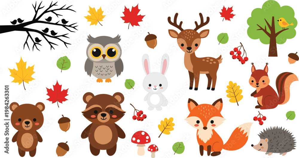 Fototapeta premium Cute forest animals and autumn elements set with bear, fox, deer, owl and leaves, cartoon woodland illustration collection for kids design