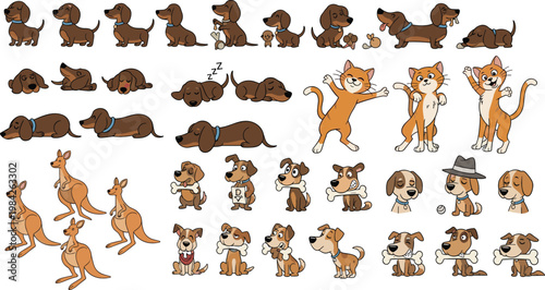 Cute dog and cat character poses set with different actions and emotions, cartoon pet illustration collection for animation and kids design