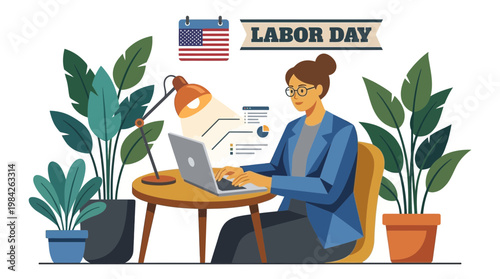 Labor Day Illustration of Professional Woman Working on Laptop at Desk