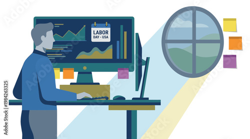 Labor Day Office Illustration with Data Analytics and Window View