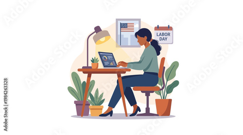 Professional Woman Working on Laptop in Home Office During Labor Day