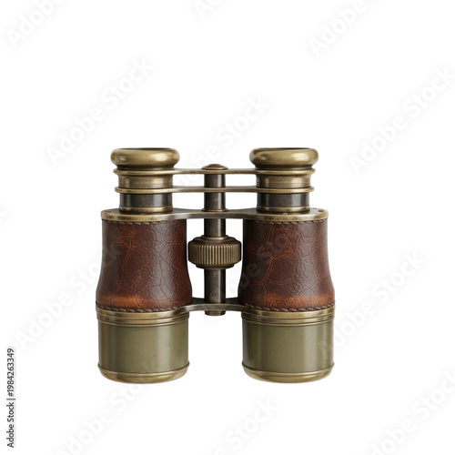 Vintage Brass and Leather Binoculars Isolated on White Background