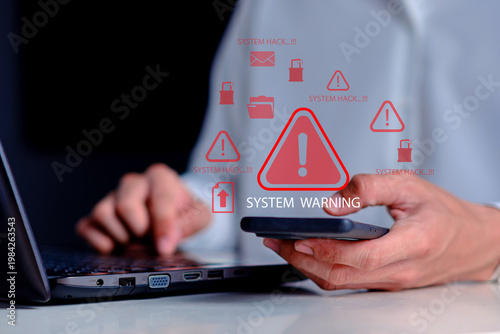 system warning, security breach alerts, and data hacking icons. This conceptual image represents cyber attacks, online security threats, and unauthorized access to personal information