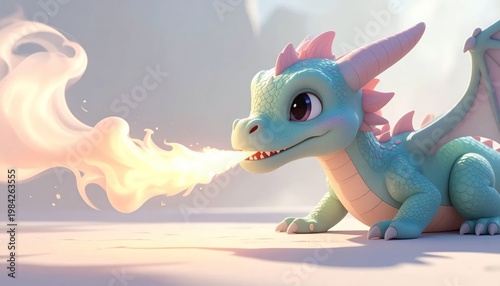 Adorable Baby Dragon Breathes Gentle Fire in Whimsical Setting.