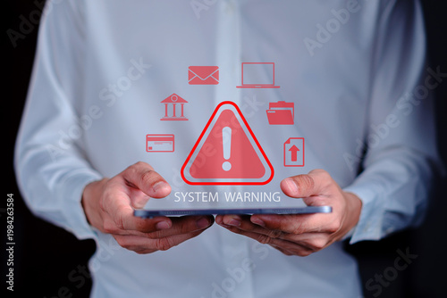 system warning, security breach alerts, and data hacking icons. This conceptual image represents cyber attacks, online security threats, and unauthorized access to personal information