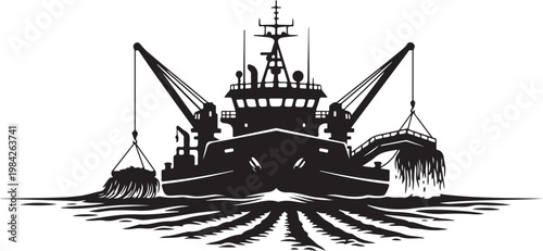 Fishing Trawler, Trawling Boat, Black Silhouette, Vector Illustration, Nautical Icon