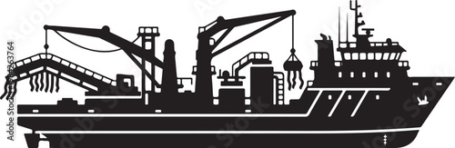Cargo ship, industrial vessel, black silhouette, vector illustration, transportation icon