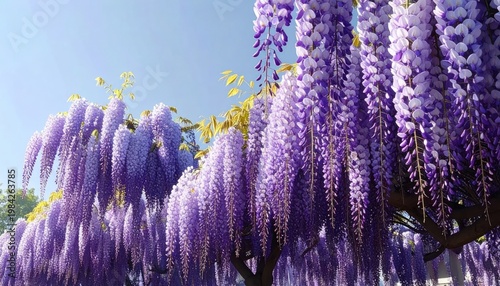 Beautiful Cascading Purple Wisteria Flowers in Full Bloom Against a Clear Blue Sky.
