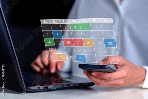 Digital calendar scheduling concept with business professional, time management planning, deadline reminder, appointment booking, productivity workflow and task organization