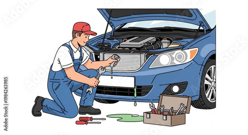 Mechanic working on car engine with tools.