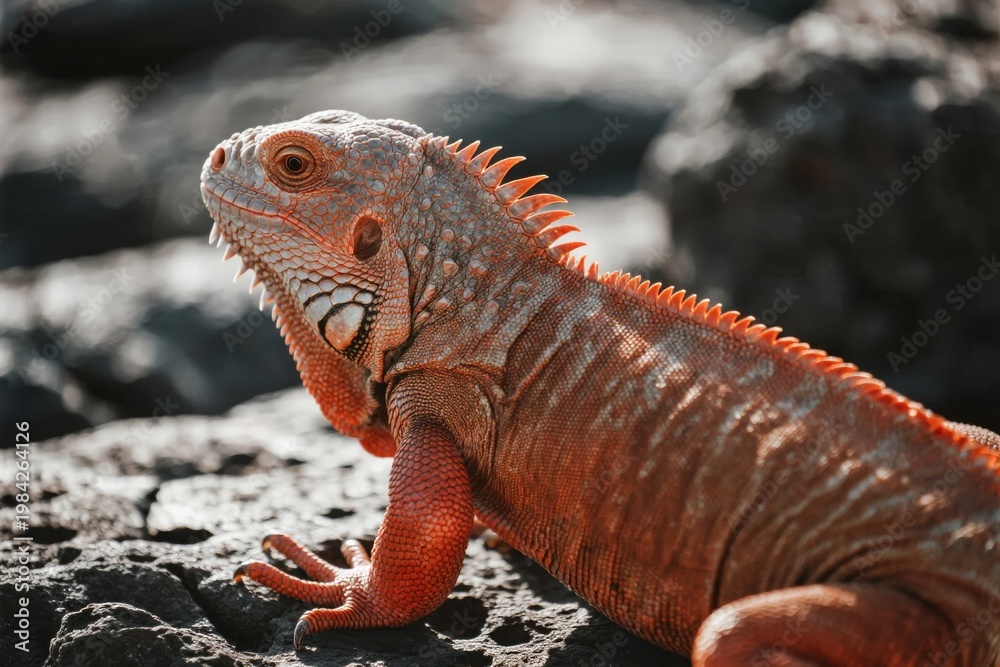 Obraz premium A close-up of a red iguana resting on rocky terrain under sunlight