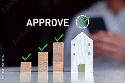 model white house bar graph, featuring a digital Approve text with green check marks, successful home loan application or mortgage, real estate investment success, financial growth