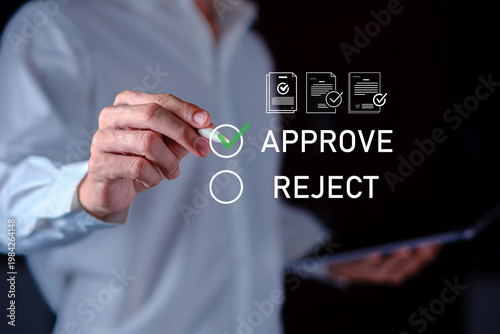 virtual holographic interface showing approve text with electronic document icons and green check marks, corporate software services, fintech marketing, legal technology blogs