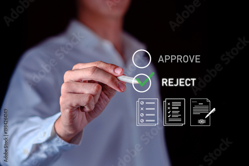 businessman reject checkbox on a virtual digital interface, denied loan applications, failed contract verification, and quality control rejection. Ideal for financial risk management blogs