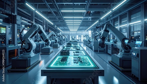 Automated Robotic Assembly Line in a Futuristic Factory Setting.