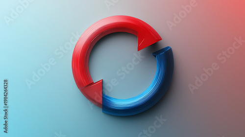 A circular arrow graphic with red and blue colors on a gradient background