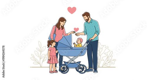 Happy young family with a father pushing a baby in a stroller and a mother walking with her daughter through a peaceful green park setting.