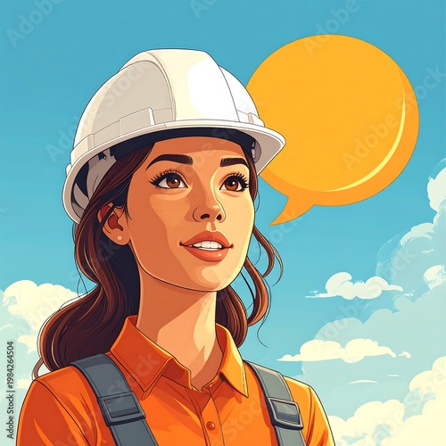 Woman with white hard hat. Bright orange overalls. Speech bubble on a light-blue sky backdrop