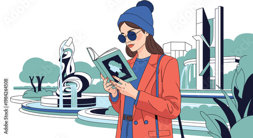 Fashionable woman in a blue beanie and red coat reads a book in an urban city park with modern sculptures and a fountain in the background.