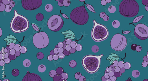 Rich seamless pattern of purple grapes, figs, blueberries, and plums on a teal background celebrates a bountiful and healthy fruit harvest.