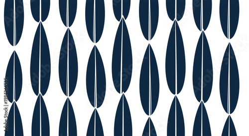 Minimalist seamless pattern featuring dark blue leaf silhouettes arranged vertically on a crisp white background for fabric.
