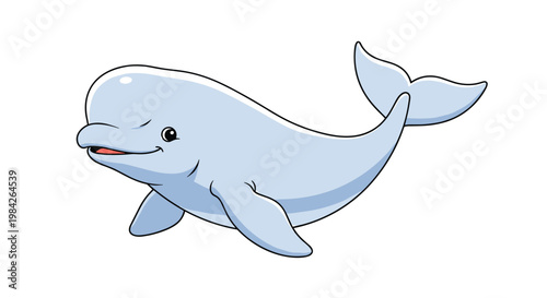 Cute cartoon beluga whale swimming peacefully in a white space with a friendly expression and rounded body features.