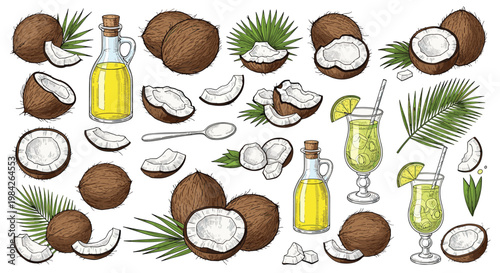 Large collection of hand drawn coconut illustrations including whole fruits, pieces, milk, oil, and tropical palm leaves.