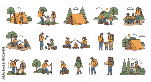 Comprehensive set of vector camping illustrations showing families and couples hiking, making fires, and pitching tents.