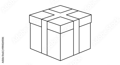 Simple black and white line drawing of a square gift box with a cross ribbon on the top lid isolated on white.