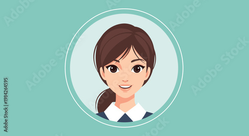Professional portrait illustration of a smiling young woman with dark hair tied back in a ponytail within a circular frame.