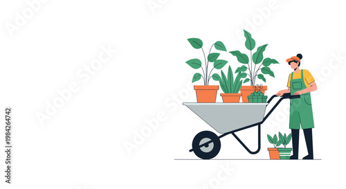 Professional gardener illustration pushing a wheelbarrow overflowing with various potted green house plants on white space.