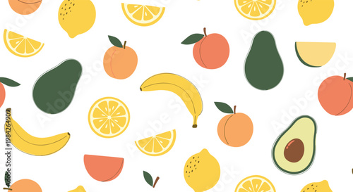 Cheerful seamless pattern of various fruits including bananas, avocados, lemons, peaches, and citrus slices on a white background.