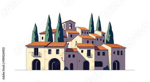 Charming Mediterranean style village with beige houses, terracotta roofs, and tall cypress trees under a clear blue sky.