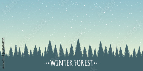 Winter Forest - Falling snow over pine silhouettes background