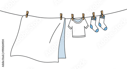 Simple illustration of clean white laundry including a sheet, t-shirt, and socks hanging on a clothesline with wooden pins.