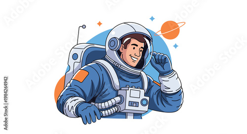Cheerful astronaut in a white space suit floating in space with a planet and stars in a clean modern flat illustration.