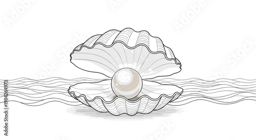 Beautiful illustration of an open oyster shell revealing a large lustrous white pearl against a calm wavy ocean background.
