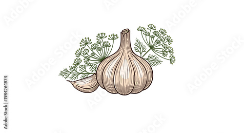 Hand drawn illustration of a whole garlic bulb and a clove paired with fresh green dill sprigs on a white background.