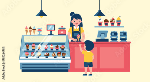 Colorful ice cream shop scene with a friendly female server helping a young boy choose from a variety of frozen treats.