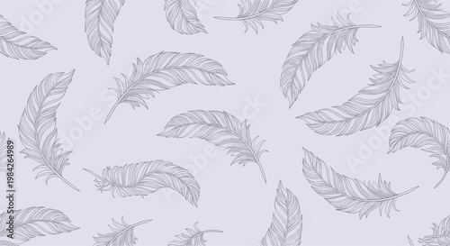 Subtle and elegant seamless pattern of light grey bird feathers drifting across a pale lavender or greyish background.