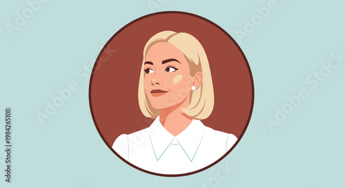 Stylized portrait illustration of a blonde woman with a white collar shirt inside a circular frame with a soft blue background.