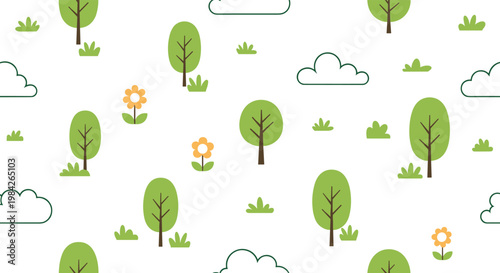 Cute seamless pattern featuring small green trees, orange flowers, and white clouds on a plain background for nursery or fabric design.