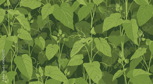 Lush dense pattern of dark green leaves and winding vines creating a deep forest or garden foliage background for nature themes.