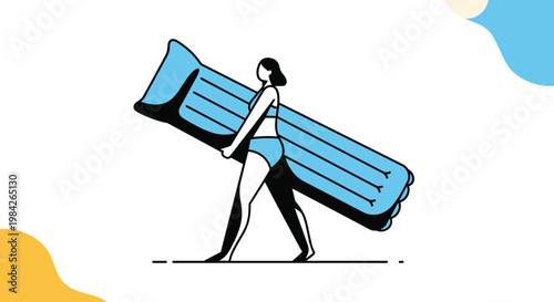 Minimalist illustration of a woman in a bikini carrying a blue inflatable air mattress for a day of swimming and beach relaxation.