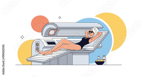 Modern illustration of a woman wearing sunglasses and a head towel relaxing in a professional solarium tanning bed for beauty treatment.
